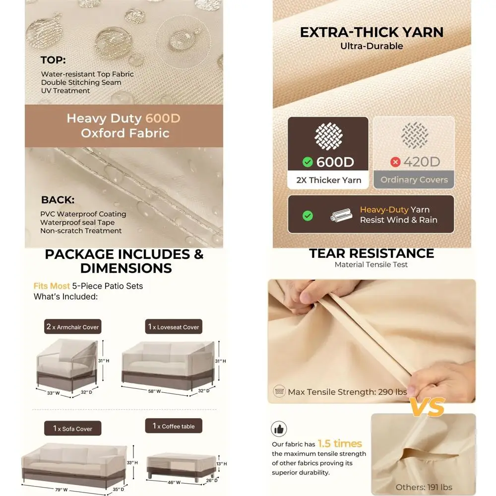 

Набор чехлов для уличной мебели из 5 предметов, водонепроницаемый сверхмощный чехол для патио 600D