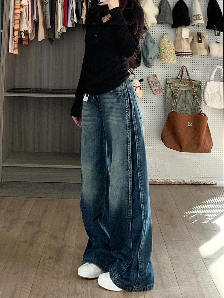 Jean Bleu à Jambes Larges et Droites pour Femme, Pantalon en Denim Baggy Classique, Style Hip-Hop, Mode Streetwear Vintage, Taille Haute, Y2K