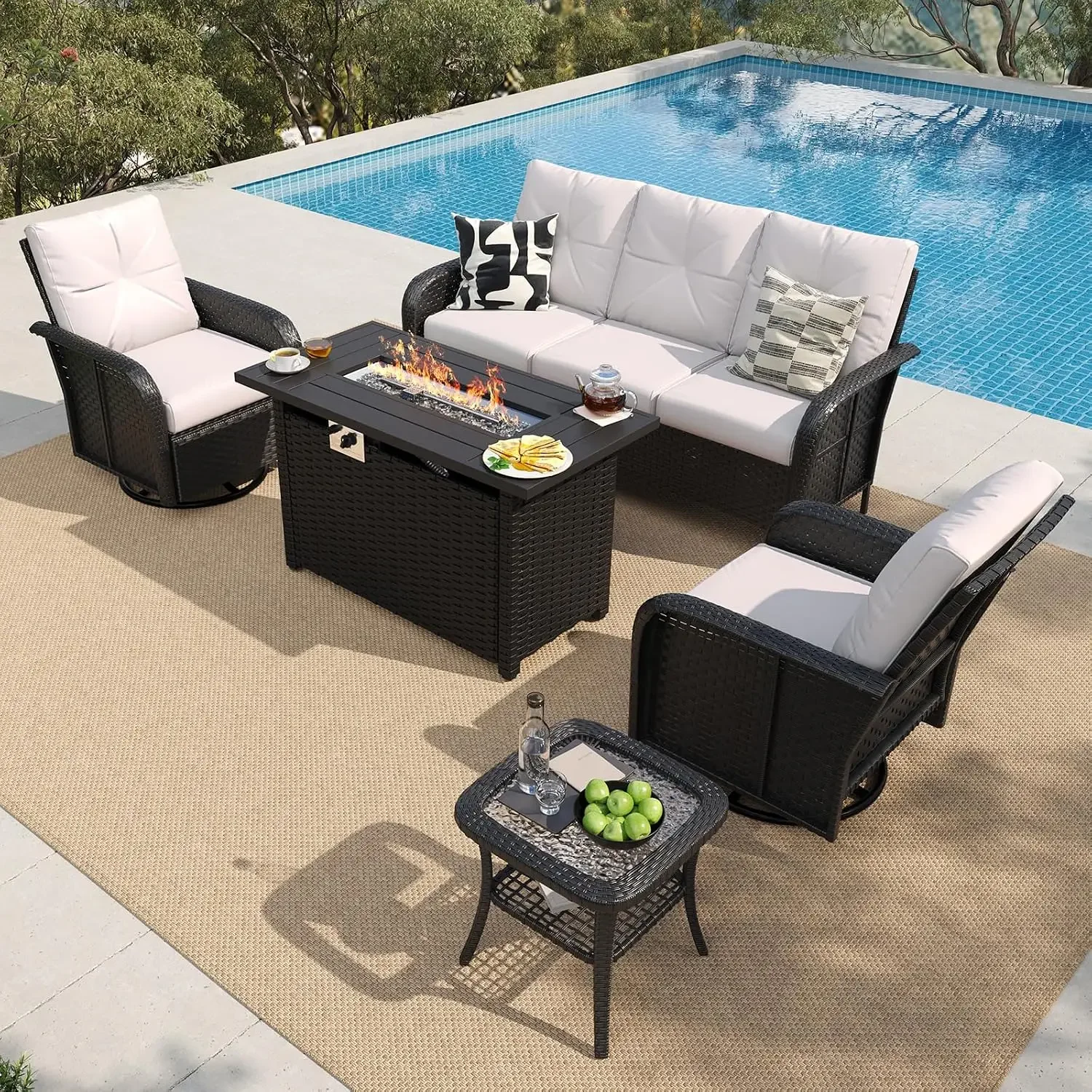 Beige Wicker Patio Set Fire Pit Table Swivel Rocker Sofa Cushions