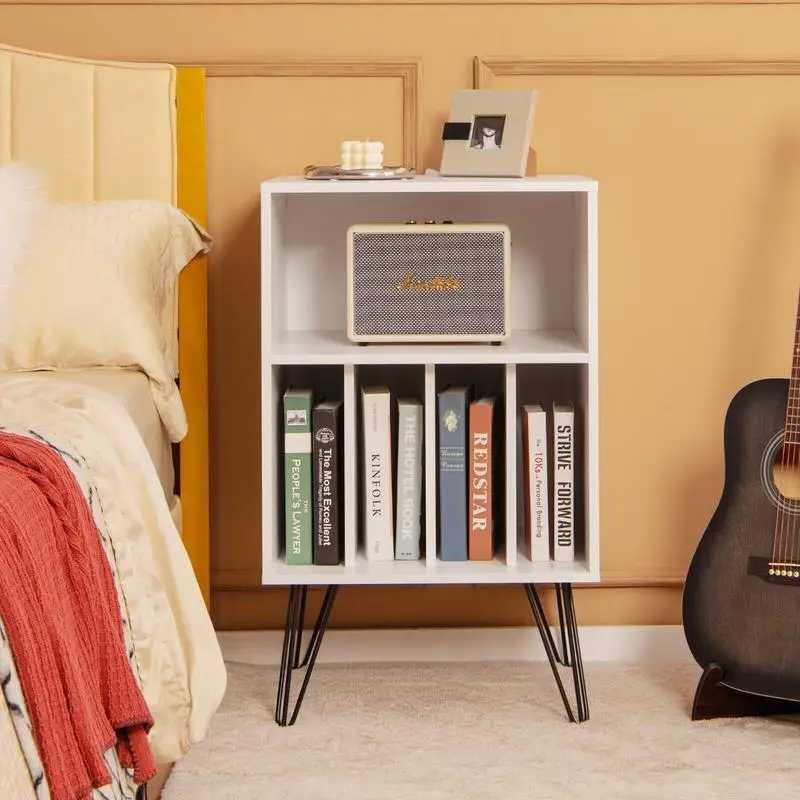 

Freestanding Record Player Stand Record Storage Cabinet with Metal Legs-White