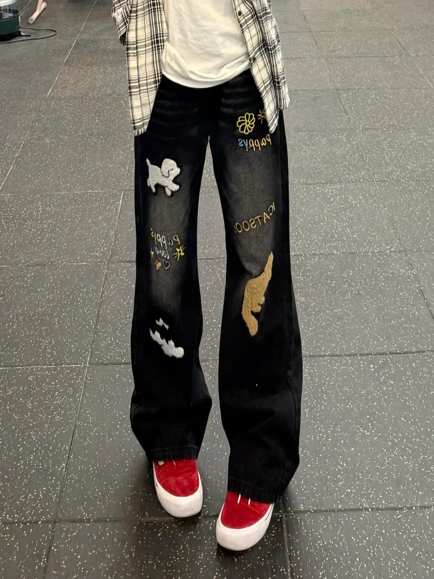 Jeans Casuales con Bordado de Perro Graffiti, Estilo West Coast Americano, Corte Recto Holgado, Moda Juvenil, Pantalones de Mezclilla con Bordado a Máquina