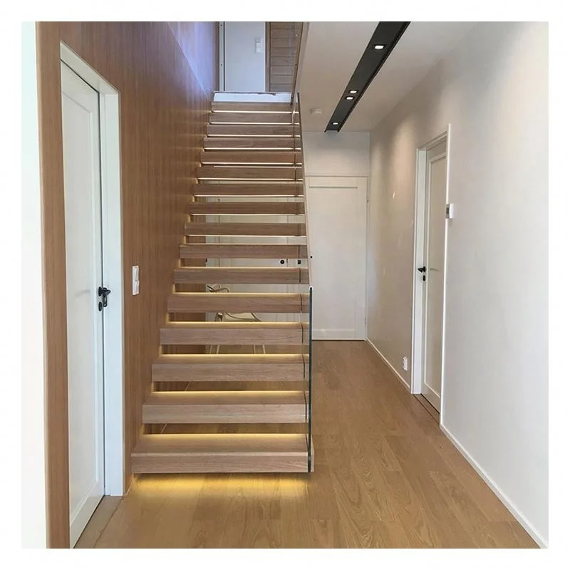 التخصيص Alucasa التصميم الحديث الداخلي مستقيم خشبي العائمة درج فقي خطوات الزجاج المقسى الدرج #3