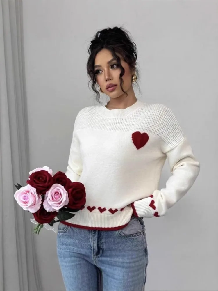 

Winter Clothes Woman Pulls Femmes New Love Sweater Loose Pullover Round Neck Versatile Knitted Sweater Simple Style Comfortable