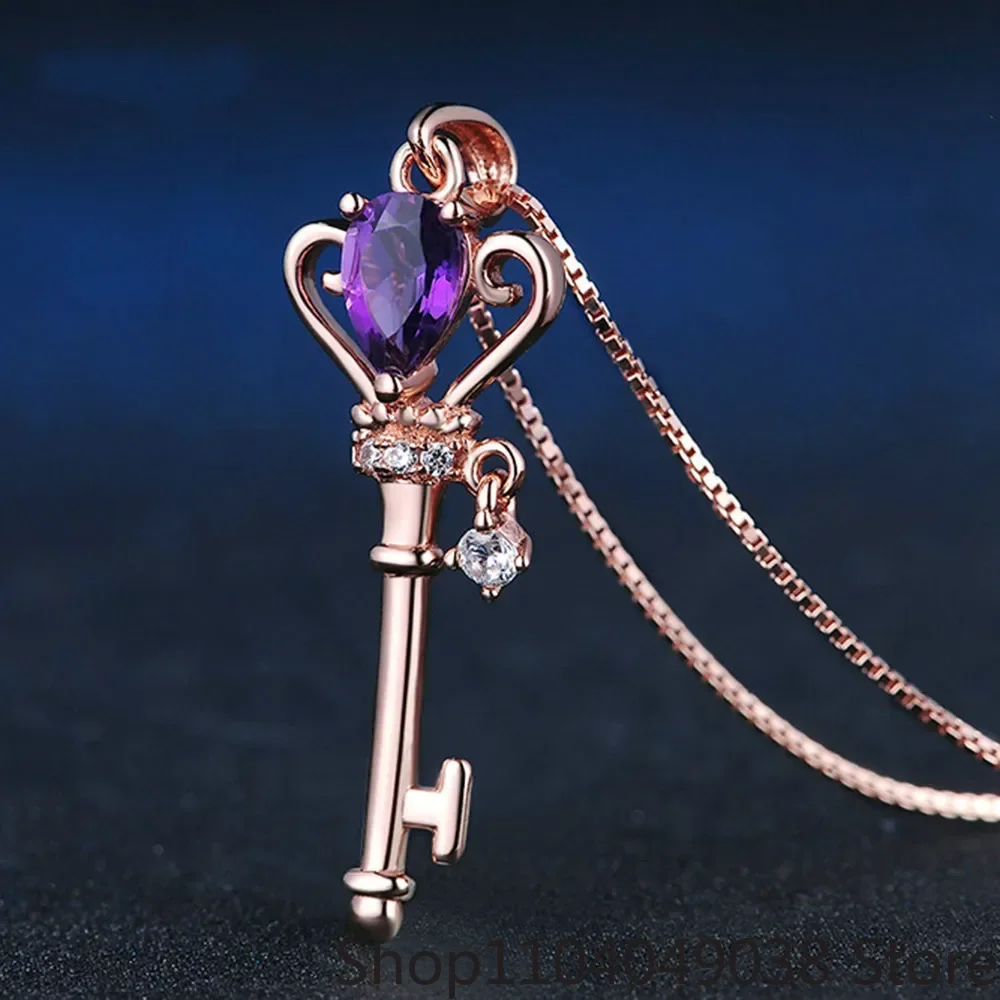 

Natural Amethyst 925 Silver Mosaic Zircon Key Pendant Trendy Chain Necklace Fashion Charm Personality Jewelry Accessories