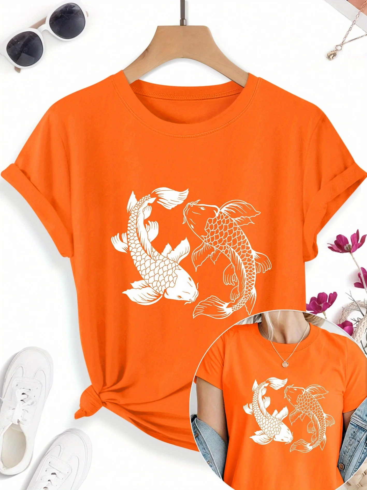 Ladies' Double Koi Leaping Chinese Style Ink Pattern Printed T-shirt Breathable Summer Round Neck Casual T-shirt