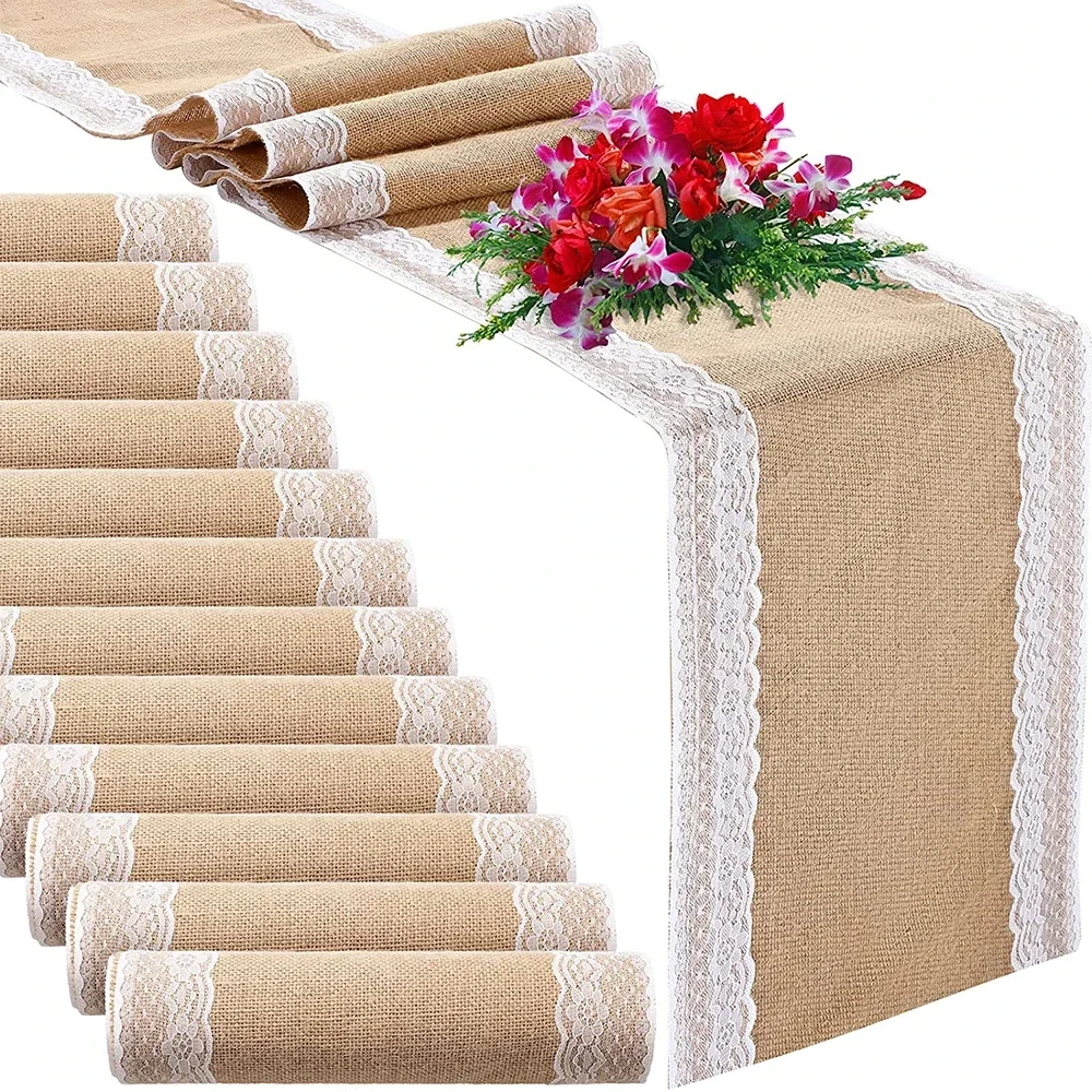 

Jute Burlap Lace Table Runner 30 x 275cm Vintage Event Party Lace Table Runner For Wedding Banquet Engagement Home Accessories