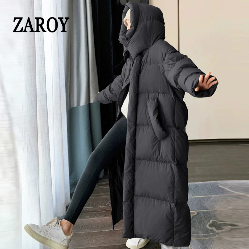 ZAROY Women's Winter Long Jacket Hooded Windproof Warm Thicken Down Coat Snow Outerwears Skiing Parkas Длинные куртк
