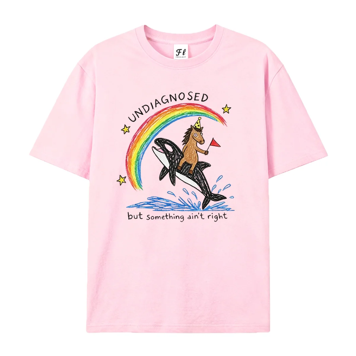 Undiagnosed But Something Ain't Right Funny Horse Riding Orca Rainbow Shirt Unisex Short Sleeve Mental Health Humor Graphic Tee