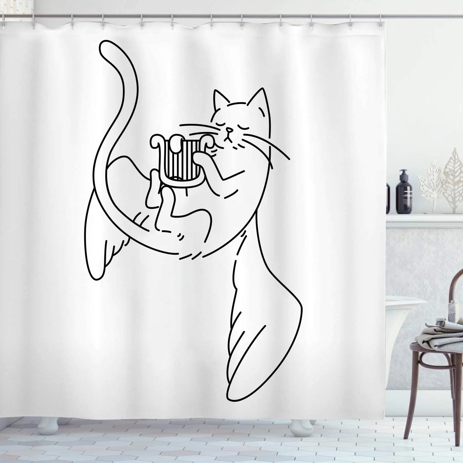 Black Line Katzen-Duschvorhänge, waschbarer Stoff, Polyester, für Badewanne, Kunst, Badezimmer, Dekor, Trennwand mit Haken, zum Aufhängen, wasserdicht – Detail 12