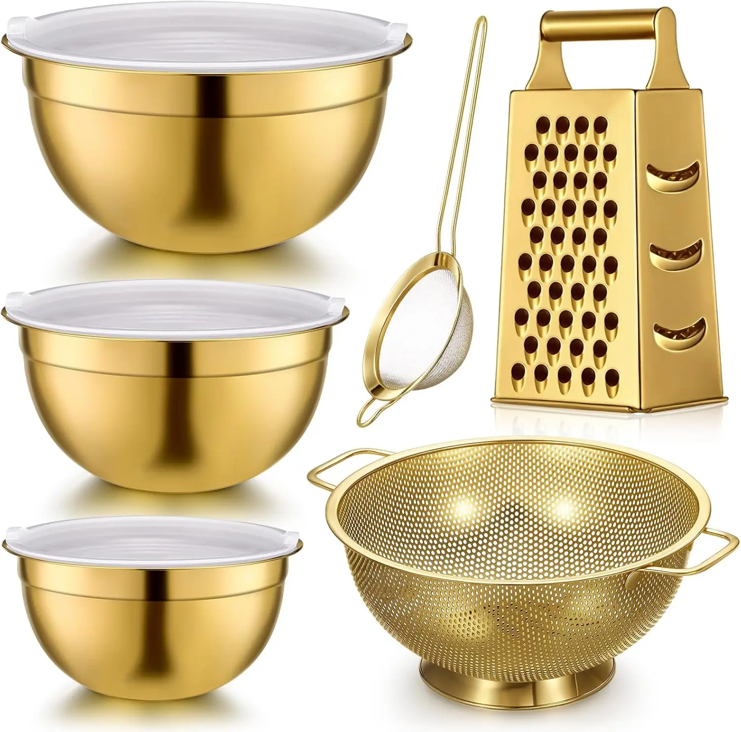 

6 Pcs Gold Kitchen Accessories Set Includes 3 Gold Mixing Bowls with Airtight Lids Stainless Steel Colander Grater Slice