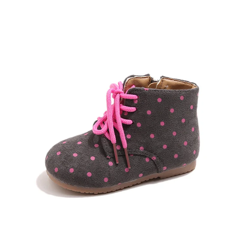 

2025 New Autumn Children Boots Pu Leather Cute Polka Dots Barefoot Shoes Rubber Sole Ankle Fashion Toddler Girls Boots