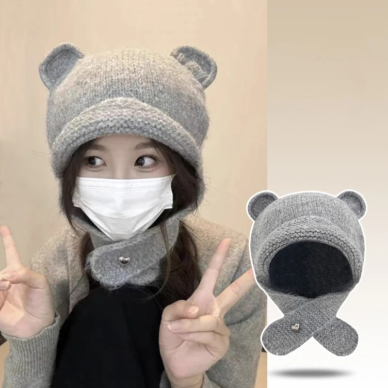 Cute Bear Ears Pullover Balaclava Hats Women Autumn Winter Warm Versatile Neck Protection Ear Protection Knitted Beanies