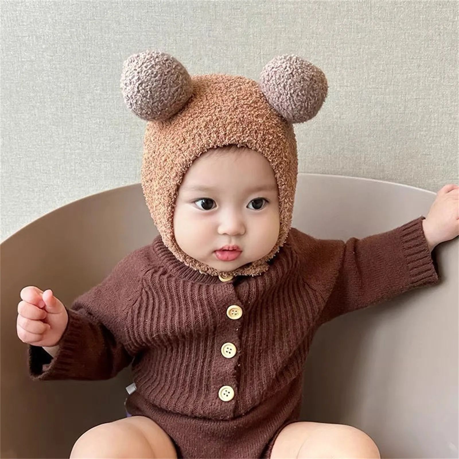 Cute Baby Hats Winter Warm Kids Girl Boys Fleece Wool Hemming Caps With Ball Solid Wool Ear Protection Hats Soft Newborn Bonnet
