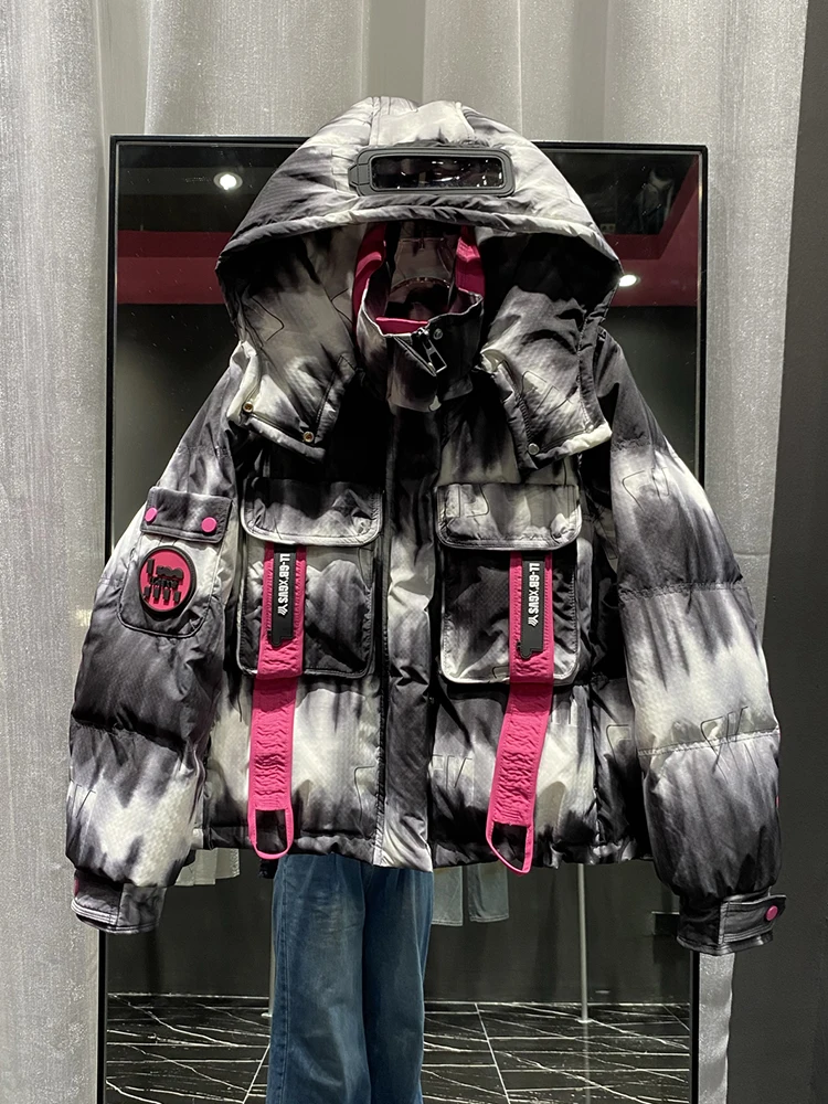 Chaqueta de plumón degradada con capucha extraíble para mujer, prendas de vestir acolchadas con bolsillo grande, chaquetas gruesas de plumón de pato blanco Parker para mujer