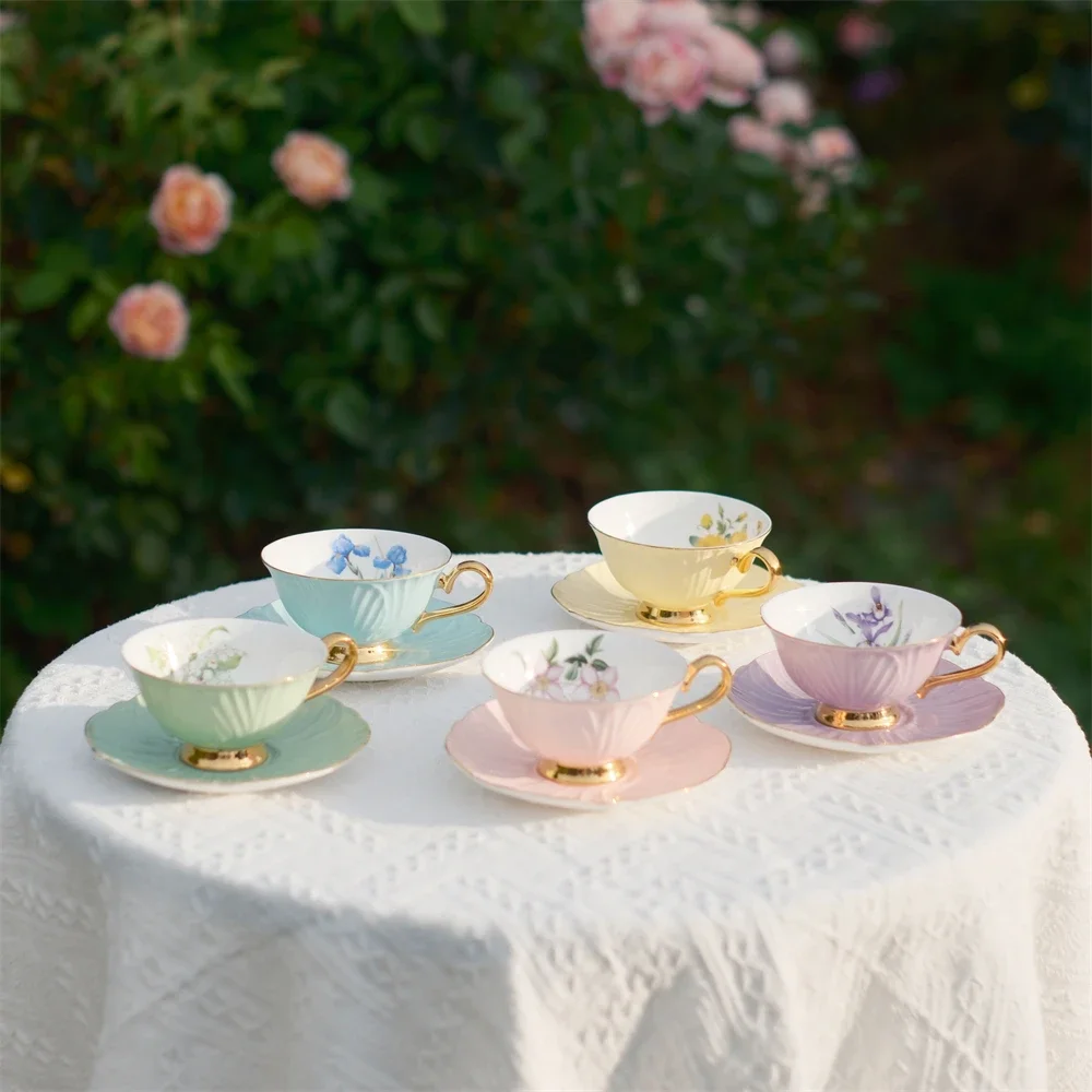British Bone China Cup And Saucer Iris Lily Of The Valley Yellow Rose Print Cup And Saucer Gift Box Kitchen Accessories Mug