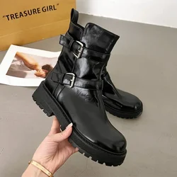 Nowe luksusowe skórzane botki damskie Chunky Heel Flat Biker Botas Belt Metal Buckle Design Platform Boots for Women Combat Boots