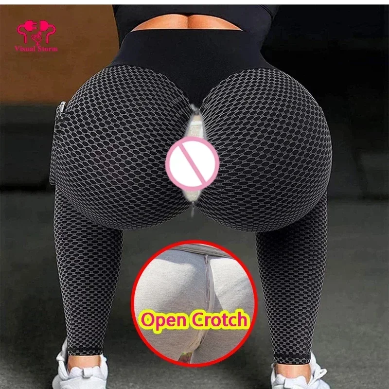 Women Open Cortch Yoga Leggings Double Hidden Zippers Mesh Shape Gym Panties Sexy Casual Sport Hot Pants Crotchless Lingerie