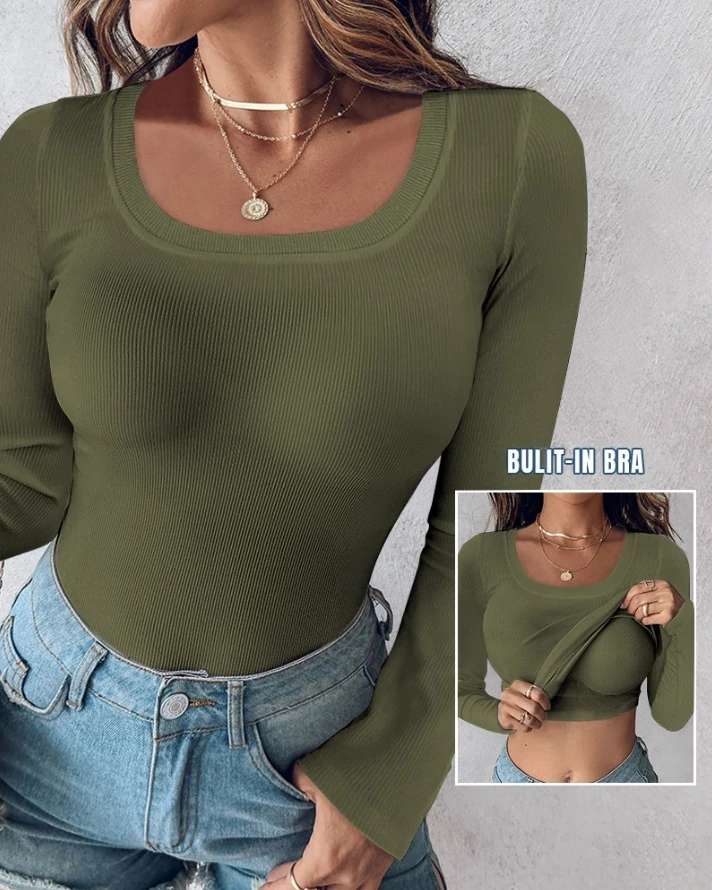 Top Women Sexy Girl Casual Autumn Knitted U Neck Built In Bra Long Sleeve Tops Tight Sexy Versatile Basic Daily Women\'s Tops