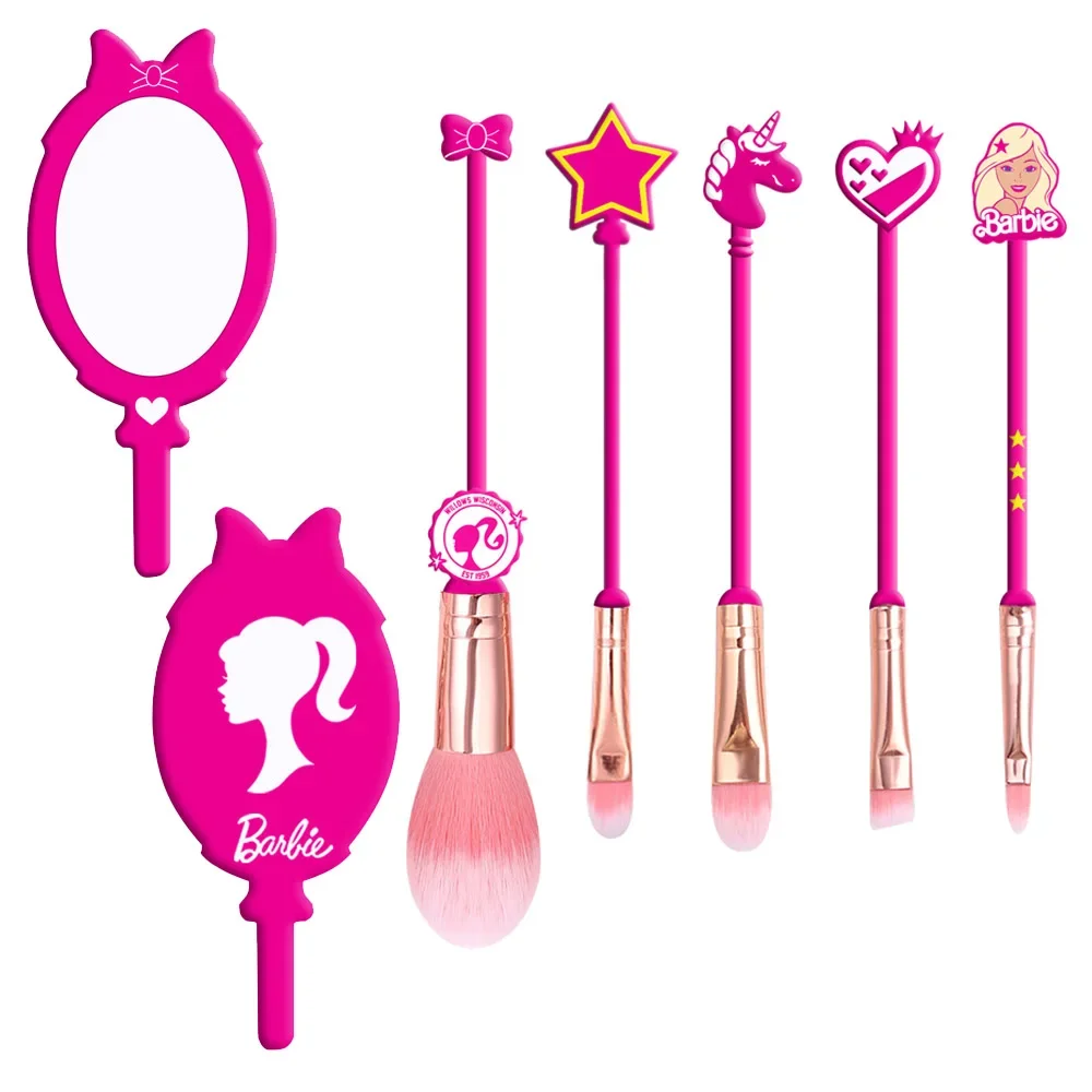 Barbie Makeup Brush Set Makeup Hand Mirror Portable Cartoon Anime Kawaii Eyeshadow Nose Lips Brush Girl Gifts