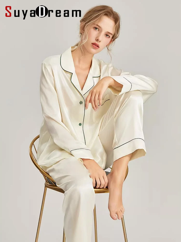 SuyaDream, Women Silk Pajamas, 19mm 100%Real Silk, Long sleeves Sleepwear Set, 2026 Spring Summer Two-piece Nightwear, White