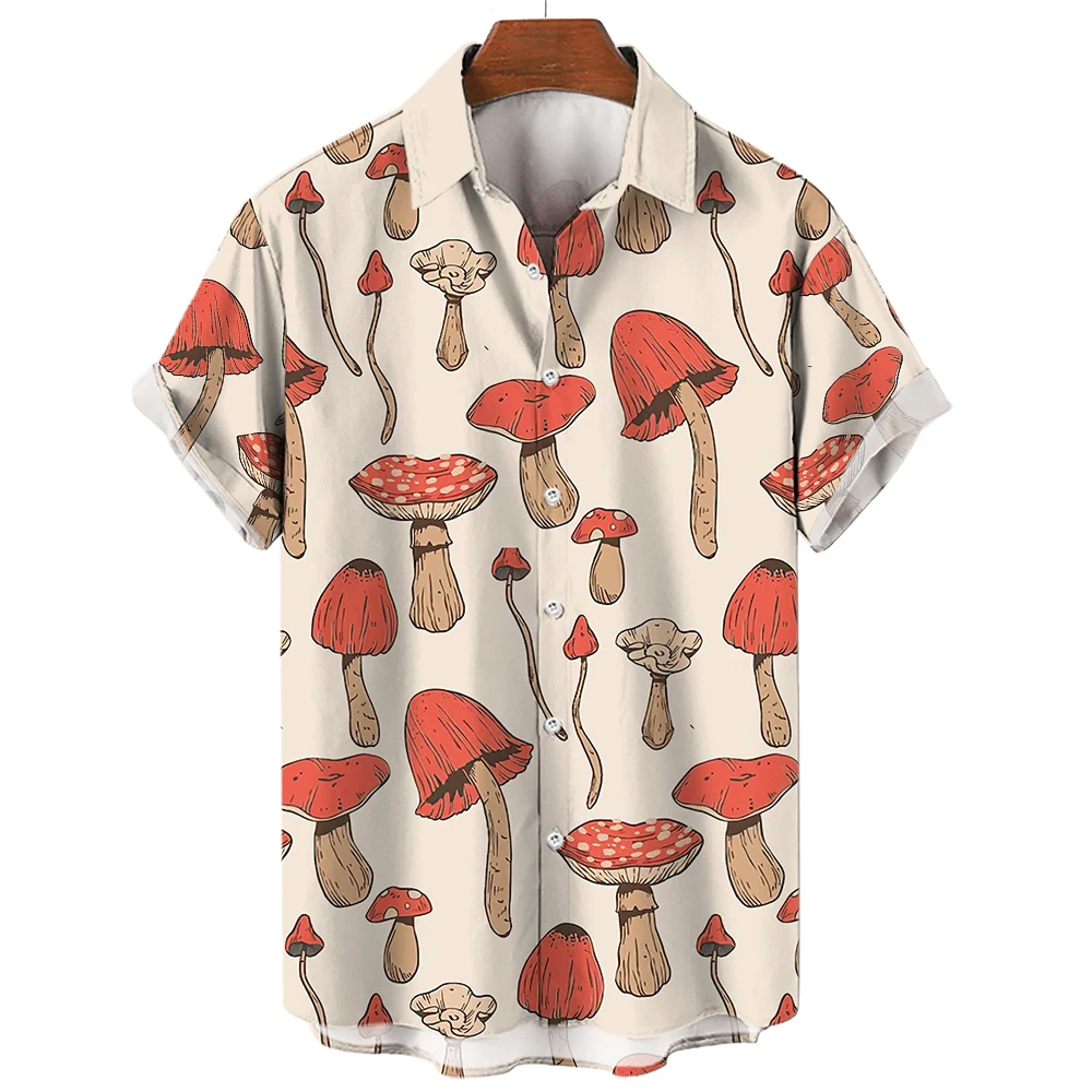 2023 Hawaiian Mushroom Plant Shirt For Men Casual Short Plus Size 3d Print Tops Vintage Streetwear Soft Camping Vacation Summer