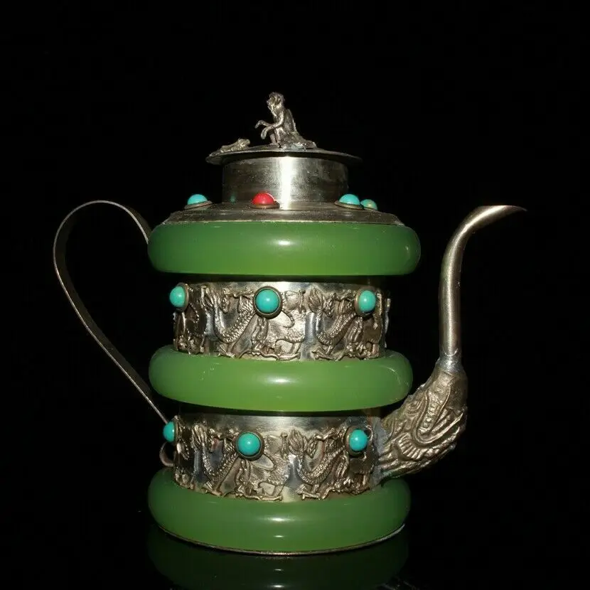 

Chinese Old tibet silver inlay green jade handcarved dragon flagon wine pot