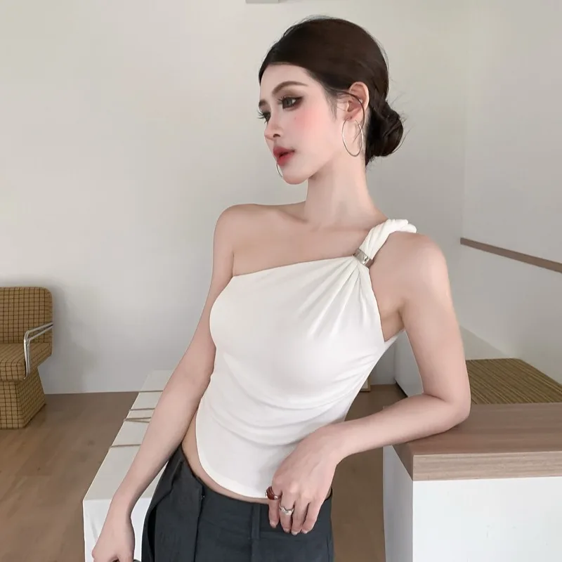 American Retro Twist Shoulder Strap Vest Women Summer Elegant Slimming Short Sleeveless Top Cotton Blend High Elasticity