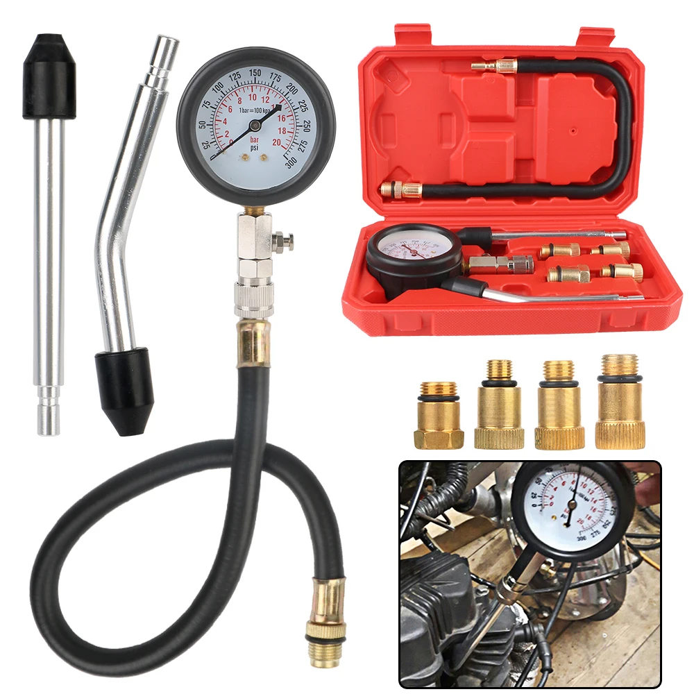 Gasoline Engine Compression Meter Pressure Gauge 0-300 PSI with M10 M12 M14 M18 Adapter Automotive Cylinder Tester Kit