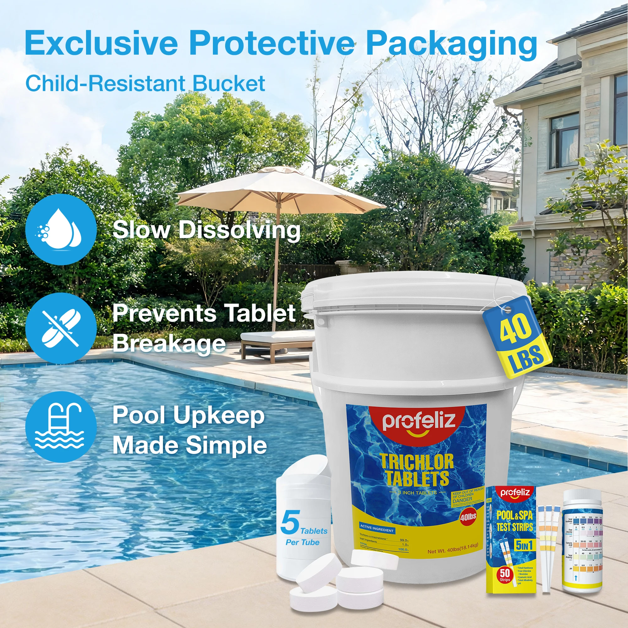 PROFELIZ Chlorine Tablets 3 Inch, 40lb & Test Strips Kit Exclusive Packaging | Chlorine Tablets 99% Trichlor Slow Dissolving Sanitizer, Chlorine Tabs Pool Supplies for Inground & Above Ground Pools
