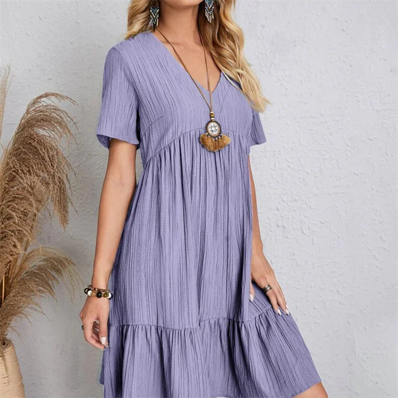Belle donne vintage mini abiti estivi solido casual scollo a V volant abito da donna Boho allentato beach party abito elegante abiti
