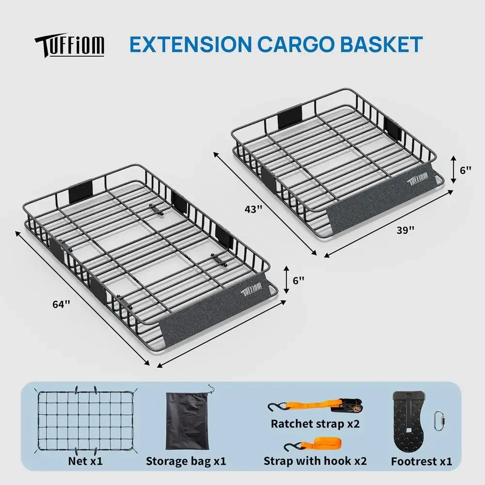 سلة حامل شحن على السطح قابلة للتمديد، سلة حامل سقف فولاذية عالمية مع شبكة + حقيبة تخزين + مسند للقدمين + أشرطة، شديدة التحمل