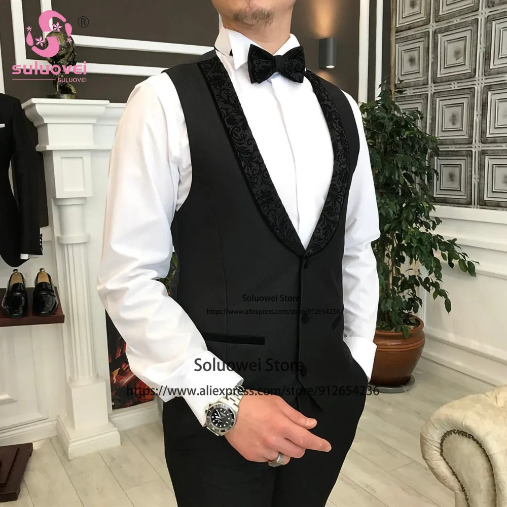 Moda żakardowe smokingi Slim Fit 3 sztuka kurtka kamizelka zestaw spodni biznesowa marynarka formalne Groom ślub szczyt Laple garnitury dla mężczyzn
