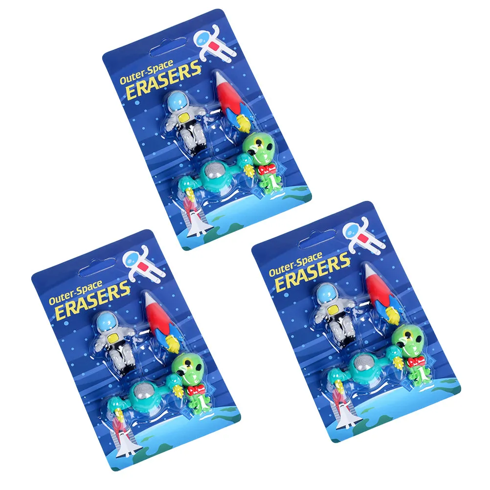 

3 Sets Creative Stationery Supplies Kids Erasers Cute Outer Space Themed Astronaut Figures for Flying Saucer Toys
