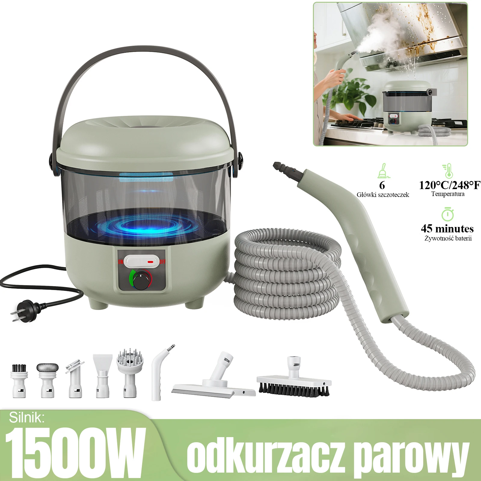 1500 W-os kézi gőzölős mosó, 1,6 literes széles űrtartalmú víztartály, 6 kefével, 10 fokozatú, magas hőmérsékletű gőzmosás