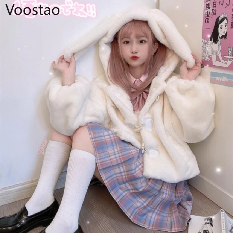 Autumn Winter Japanese Cute Lolita Coats Girls Kawaii Rabbit Ears Hooded Loose Plush Jackets Women Sweet Warm Jk Outwear Tops