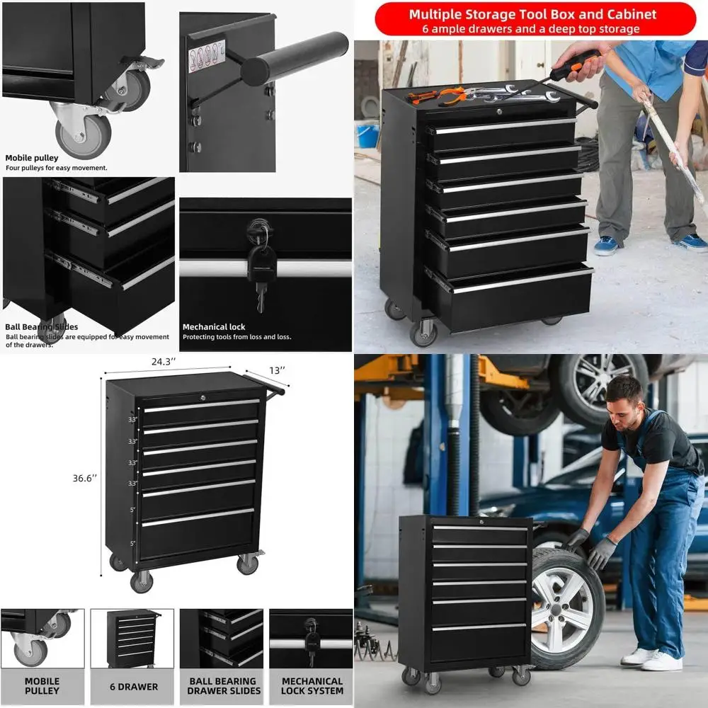 

Сверхмощный металлический ящик для инструментов с 6 ящиками и колесами, запираемые, направляющие с шарикоподшипниками, верхняя полка для хранения в гараже/материне - черный
