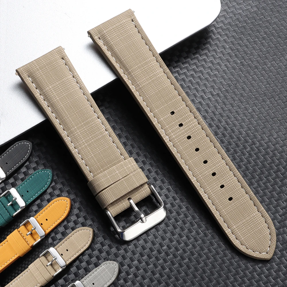 Leather Watch Strap with Plaid Pattern Universal Replacement Watchband Black Beige Grey 18mm 20mm 22mm Quick Release Wrist Belt