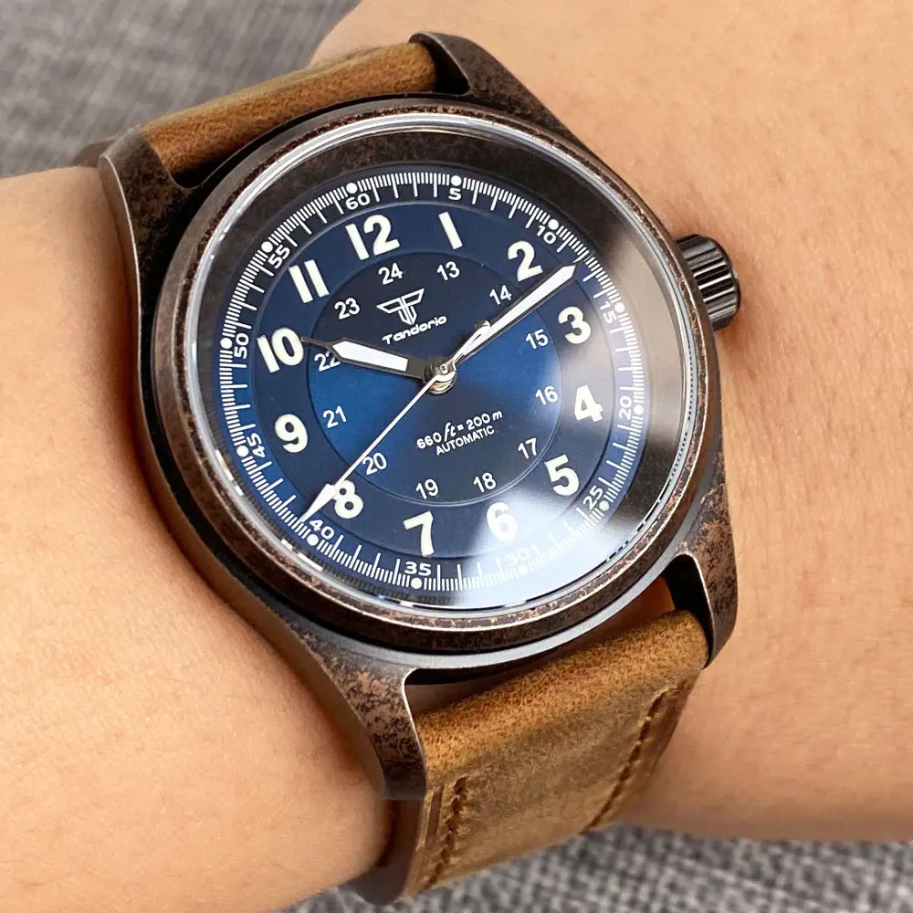 Tandorio Sapphire Crystal 36mm Retro Pilot Case Electroplated-Copper NH35 Movement Automatic Men Watch 20ATM Diving Waterproof
