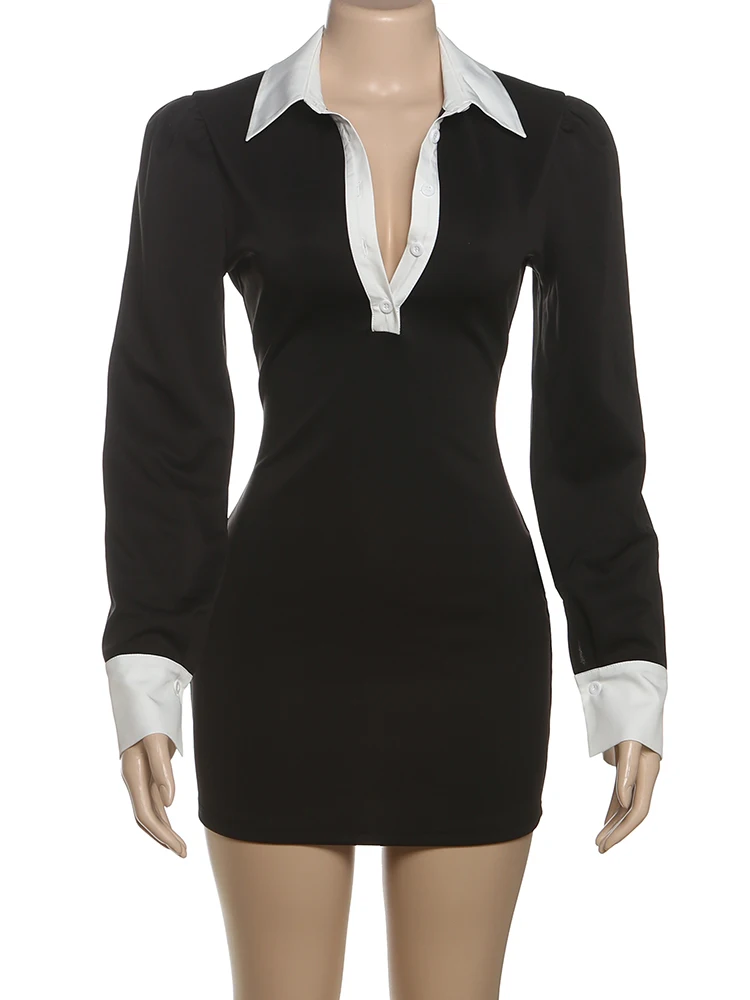 Nibber Office Polo Neck Women Dress Elegant Patchwork Full Sleeve Autumn Simple Fashion Streetwear Single-Breasted Mini Bodycon