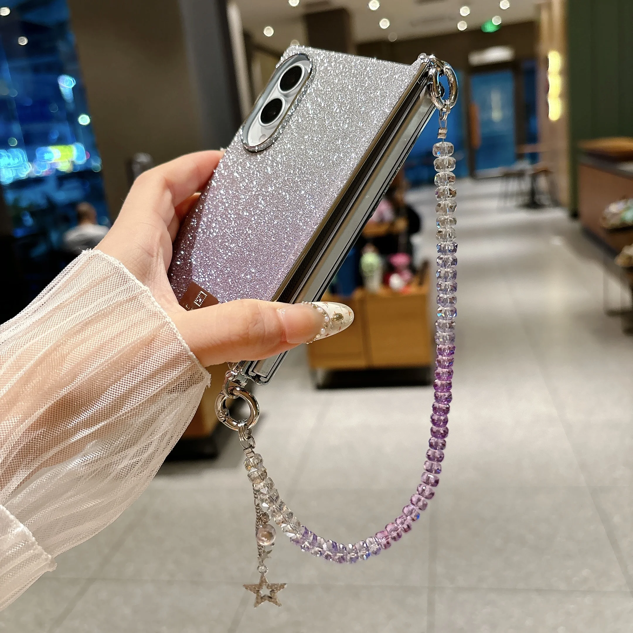 Luxury Fashion Gradient Glitter Leather Phone Case for Samsung Z Fold 8 Wide Hinge Protection Shockproof With Wrist Strap Cover view 5