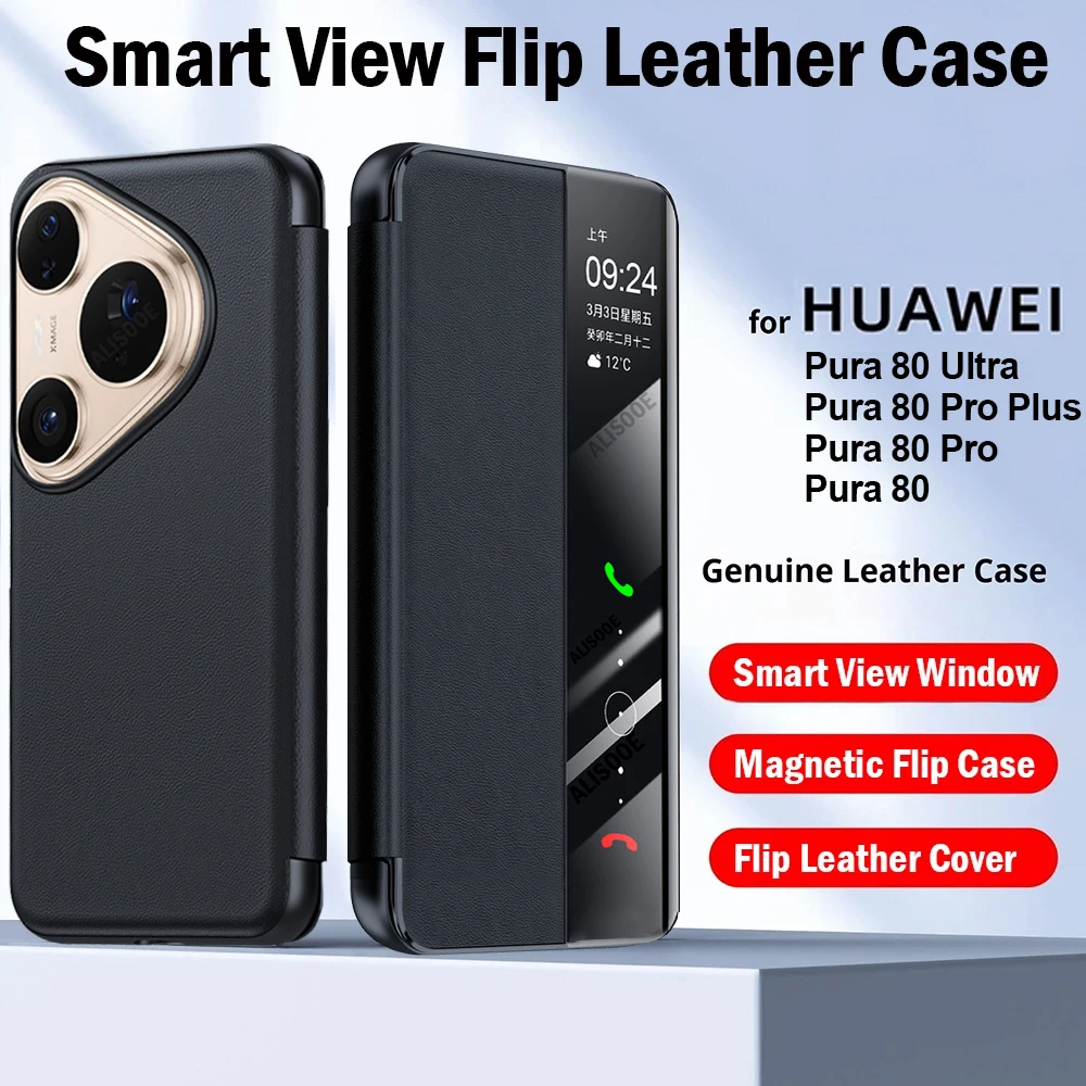 For Huawei Pura 80 Ultra 80 Pro Plus Case Flip Leather Smart View Window Camera Stand Holder Shockproof Phone Cover Capa Funda