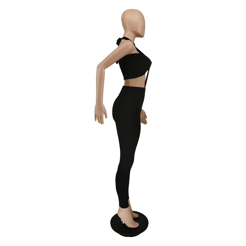 ชุดเซ็ต 2 ชิ้น เสื้อครอปเกาะอกเซ็กซี่ กางเกงขายาวรัดรูปผูกเชือก ผ้าสีพื้น แขนกุด เปิดหลัง เสื้อผ้าผู้หญิงสำหรับฤดูร้อน สไตล์สตรีทแวร์