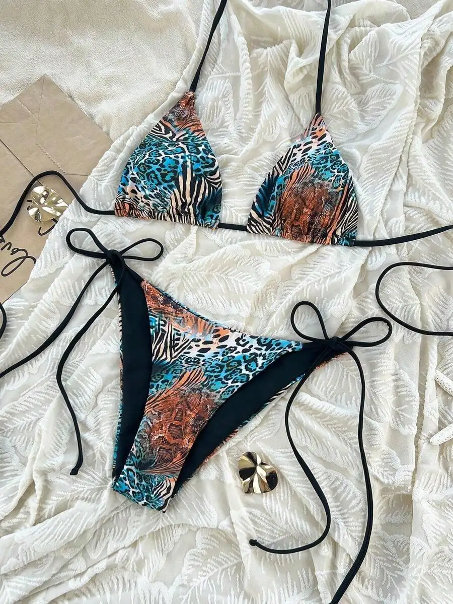 

Animal Print Spaghetti Strap Side Tie Bikini Set Women Two Piece Swimsuit