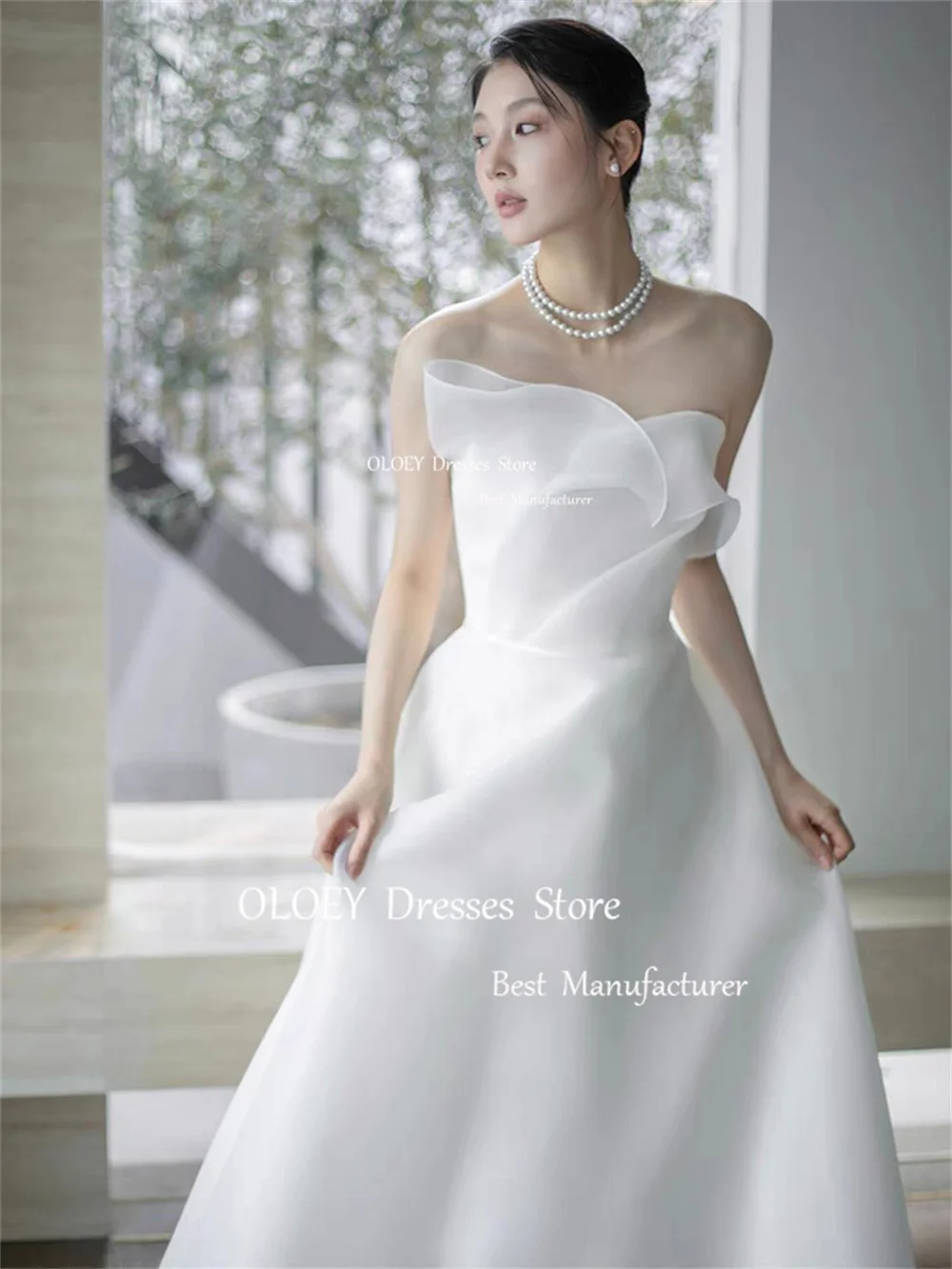 OLOEY Elegant Ivory Wedding Dress Korea Photoshoot Sweetheart Pleats Silky Organza Bridal Gown Sleeveless Floor Length Custom