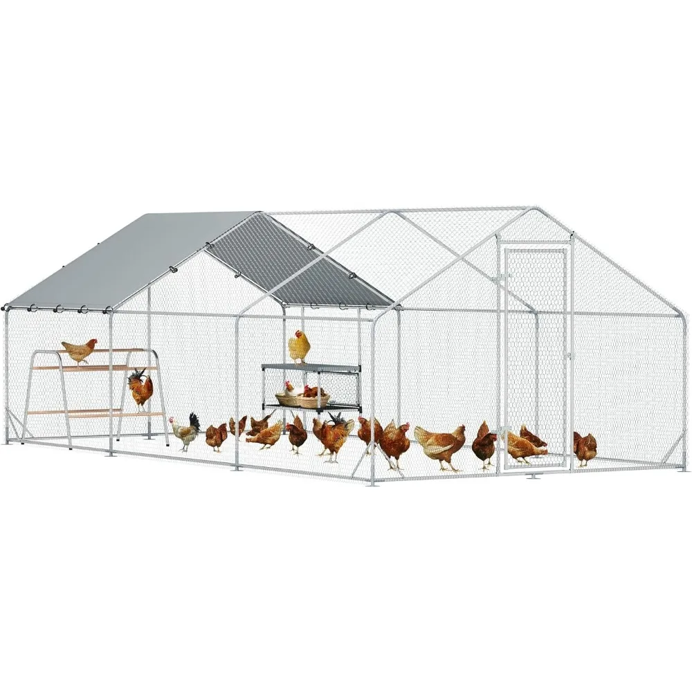

Large Metal Chicken Coop with Nesting Box, Walk in Chicken Run with Waterproof & Anti-UV Cover, Outdoor Duck Cage Rabbit