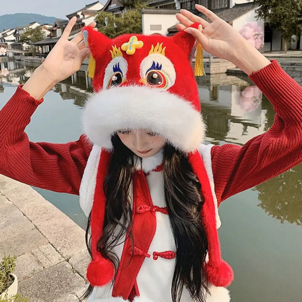 

Fashion Ear Muffs Lion Dance Beanies Hat Lace Up Thickened Winter Plush Warm Hat Chinese style Cute Scarf Gloves Hat Streetwear