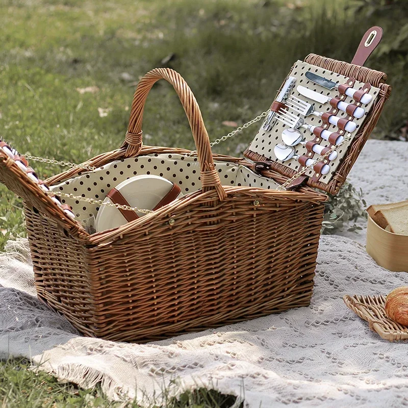 Pastoral Willow Picnic Basket With Tableware Handcrafted Food Shopping Gift Packaging Storage Solution Storage Basket