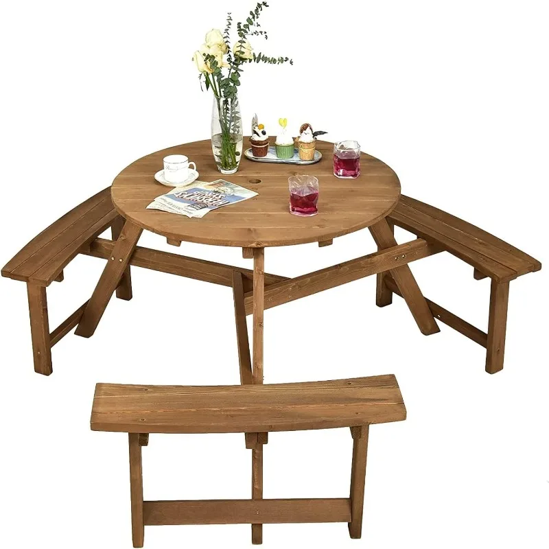 

6 Person Wooden Picnic Table, Outdoor Round Picnic Table with 3 Built-in Benches, 1.5 Inch Umbrella Hole, Outside Wood