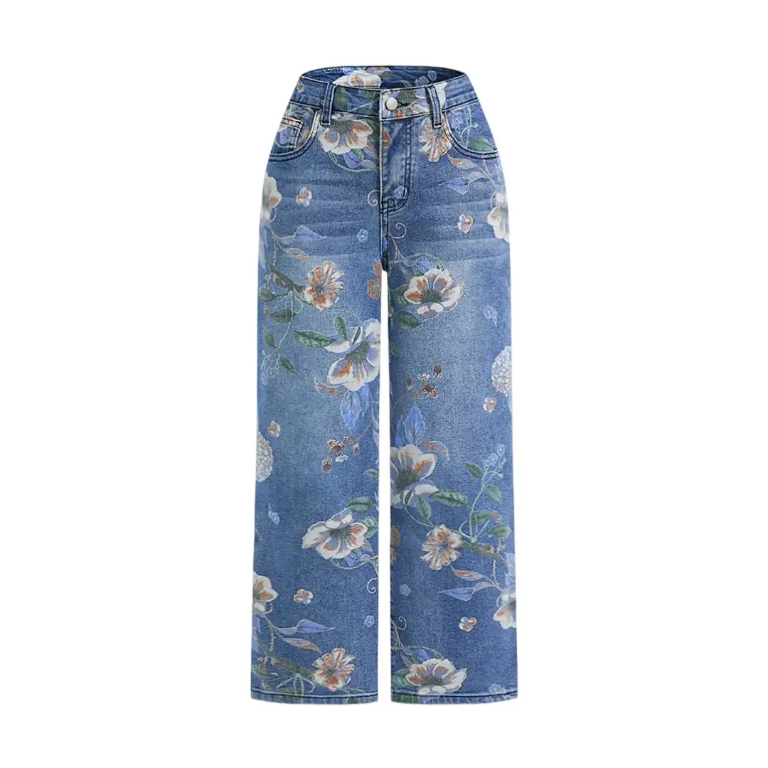 Straight Mom Jeans Women Flower Print Pants Stretch Mid Waist Washed Distressed Pockets Y2k Streetwear Vintage Denim Trousers