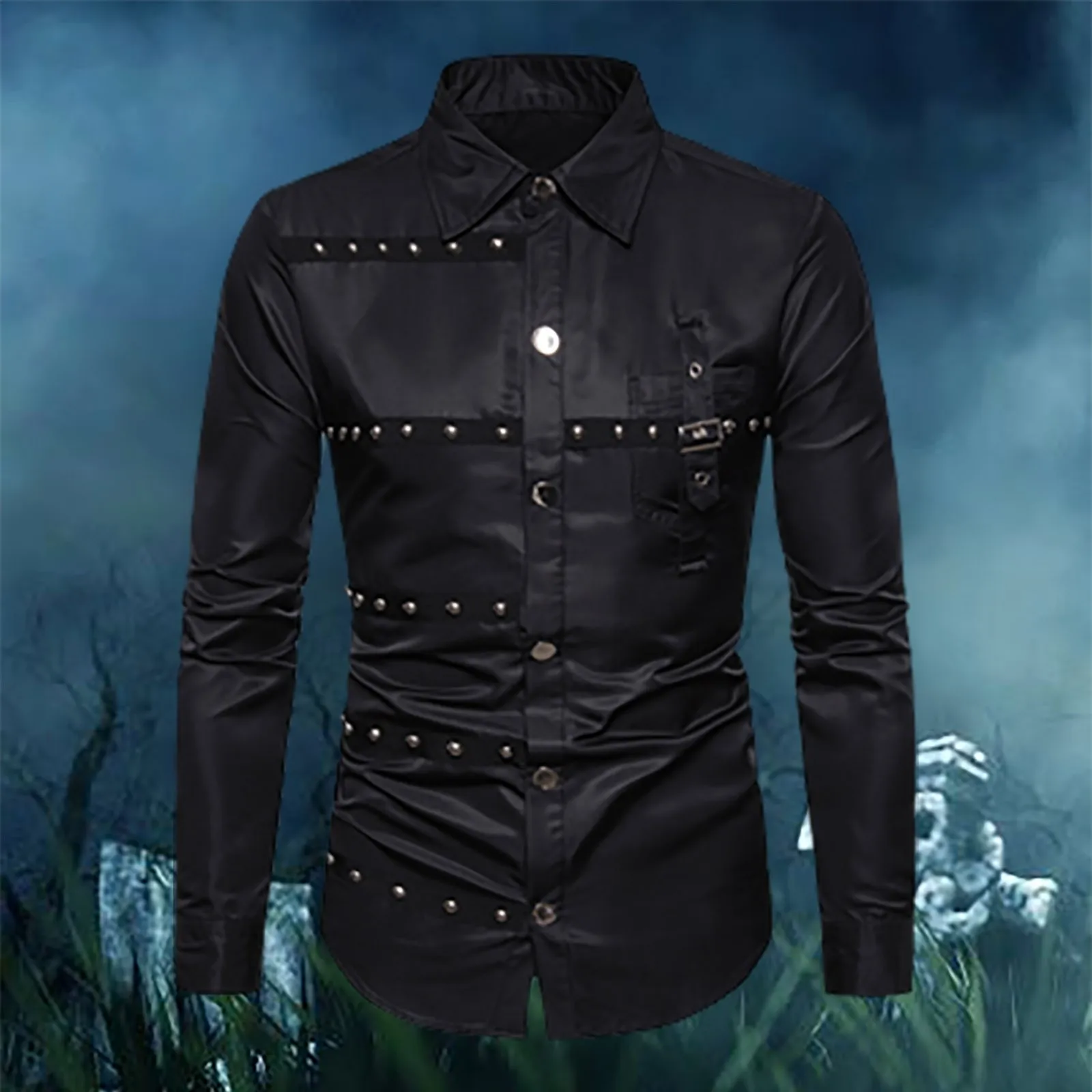 

Gothic Studded Men'S Long Sleeve Shirt Halloween Medieval Belt Black Shirt Classic Vintage Party Performance Men'S Clothing